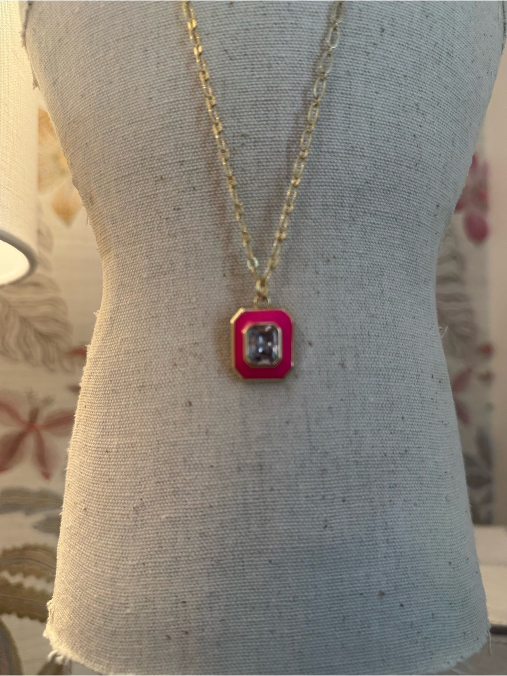 Gold Necklace with Pink Enamel Pendant and Clear Crystal
